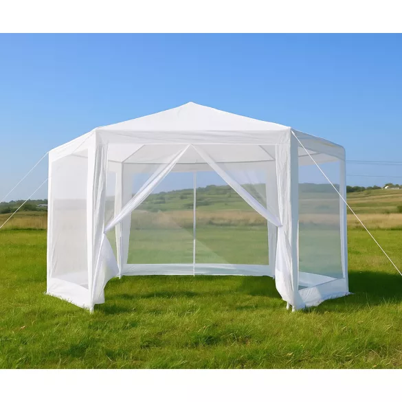 Kerti pavilon, MultiGarden PAW 2X2X2 N-W, fehér, 2 x 2 m, 6 szúnyoghálós oldalfallal, fém vázzal, vízálló PE ponyva, 2 m magassággal, cipzáras bejárat
