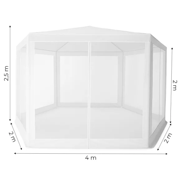 Kerti pavilon, MultiGarden PAW 2X2X2 N-W, fehér, 2 x 2 m, 6 szúnyoghálós oldalfallal, fém vázzal, vízálló PE ponyva, 2 m magassággal, cipzáras bejárat