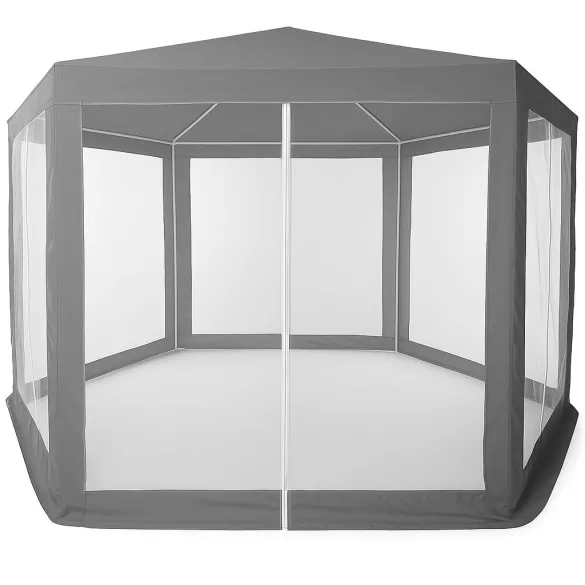 Kerti pavilon, MultiGarden PAW 2X2X2 N-GY, szürke, 2 x 2 m, 6 szúnyoghálós oldalfallal, fém vázzal, vízálló PE ponyva, 2 m magassággal, cipzáras bejárat