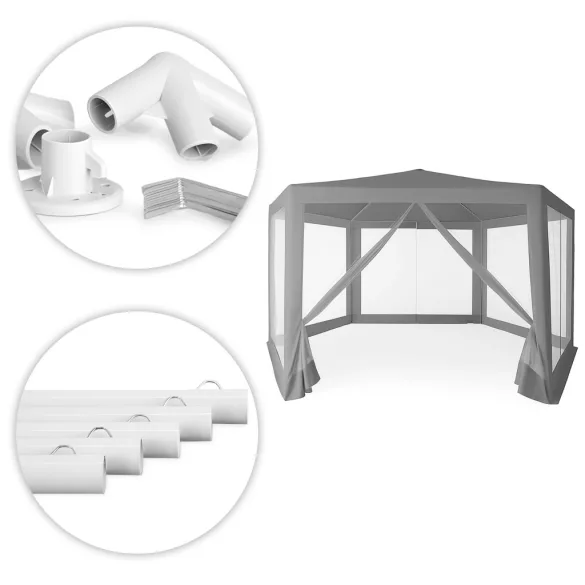 Kerti pavilon, MultiGarden PAW 2X2X2 N-GY, szürke, 2 x 2 m, 6 szúnyoghálós oldalfallal, fém vázzal, vízálló PE ponyva, 2 m magassággal, cipzáras bejárat
