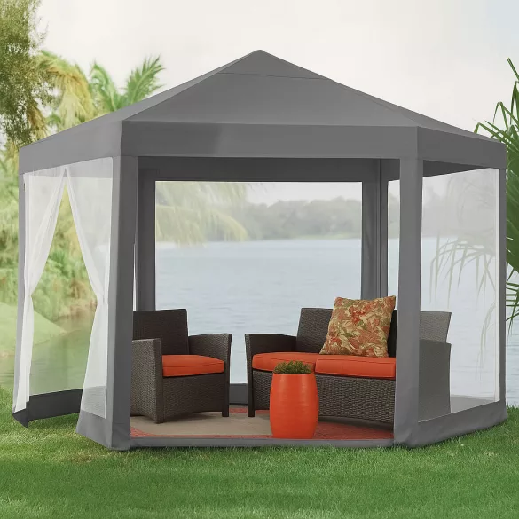 Kerti pavilon, MultiGarden PAW 2X2X2 N-GY, szürke, 2 x 2 m, 6 szúnyoghálós oldalfallal, fém vázzal, vízálló PE ponyva, 2 m magassággal, cipzáras bejárat