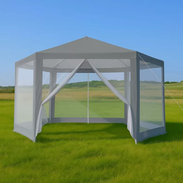 Kerti pavilon, MultiGarden PAW 2X2X2 N-GY, szürke, 2 x 2 m, 6 szúnyoghálós oldalfallal, fém vázzal, vízálló PE ponyva, 2 m magassággal, cipzáras bejárat