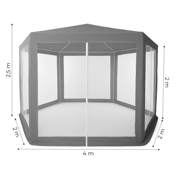 Kerti pavilon, MultiGarden PAW 2X2X2 N-GY, szürke, 2 x 2 m, 6 szúnyoghálós oldalfallal, fém vázzal, vízálló PE ponyva, 2 m magassággal, cipzáras bejárat