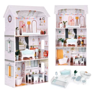 Fa babaház, ECOTOYS D8211, Alice, 52,5 x 28 x 96 cm, 3 szint, 4 szoba, 9 db bútor, gyerekbiztos kivitel, 3 éves kortól