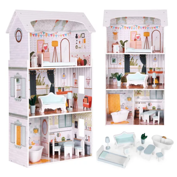 Fa babaház, ECOTOYS D8211, Alice, 52,5 x 28 x 96 cm, 3 szint, 4 szoba, 9 db bútor, gyerekbiztos kivitel, 3 éves kortól