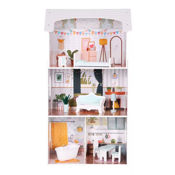 Fa babaház, ECOTOYS D8211, Alice, 52,5 x 28 x 96 cm, 3 szint, 4 szoba, 9 db bútor, gyerekbiztos kivitel, 3 éves kortól