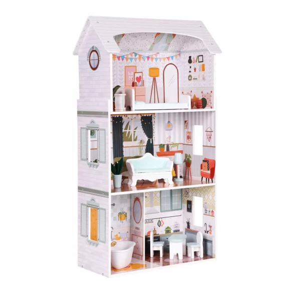 Fa babaház, ECOTOYS D8211, Alice, 52,5 x 28 x 96 cm, 3 szint, 4 szoba, 9 db bútor, gyerekbiztos kivitel, 3 éves kortól
