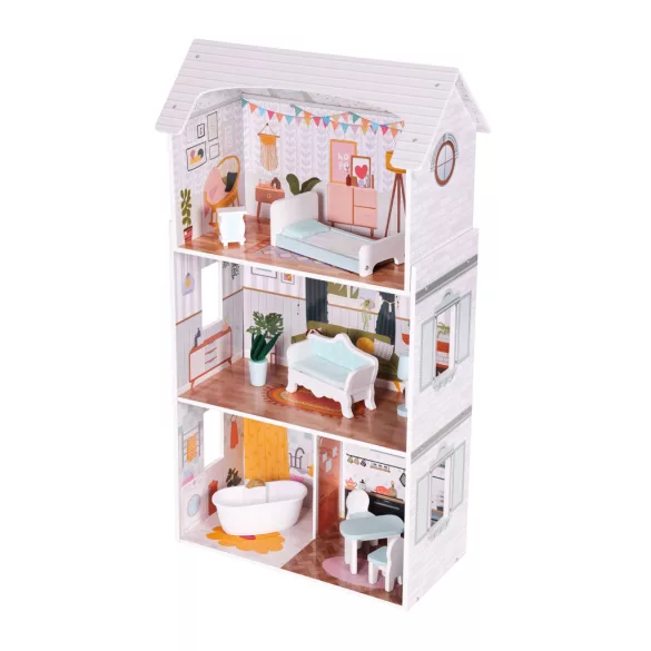 Fa babaház, ECOTOYS D8211, Alice, 52,5 x 28 x 96 cm, 3 szint, 4 szoba, 9 db bútor, gyerekbiztos kivitel, 3 éves kortól
