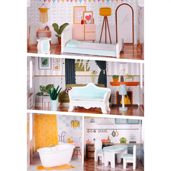 Fa babaház, ECOTOYS D8211, Alice, 52,5 x 28 x 96 cm, 3 szint, 4 szoba, 9 db bútor, gyerekbiztos kivitel, 3 éves kortól