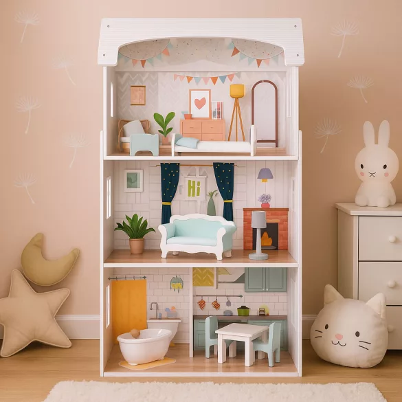 Fa babaház, ECOTOYS D8211, Alice, 52,5 x 28 x 96 cm, 3 szint, 4 szoba, 9 db bútor, gyerekbiztos kivitel, 3 éves kortól