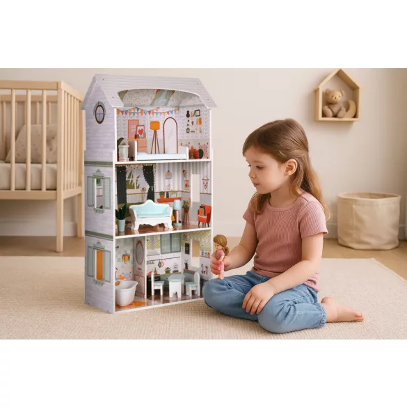 Fa babaház, ECOTOYS D8211, Alice, 52,5 x 28 x 96 cm, 3 szint, 4 szoba, 9 db bútor, gyerekbiztos kivitel, 3 éves kortól