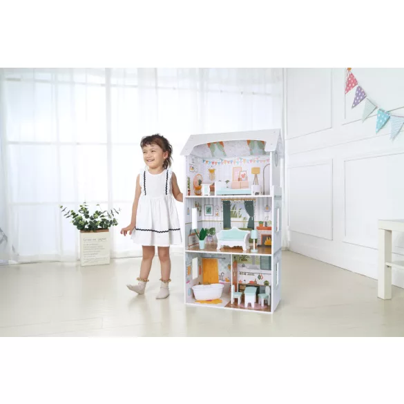 Fa babaház, ECOTOYS D8211, Alice, 52,5 x 28 x 96 cm, 3 szint, 4 szoba, 9 db bútor, gyerekbiztos kivitel, 3 éves kortól