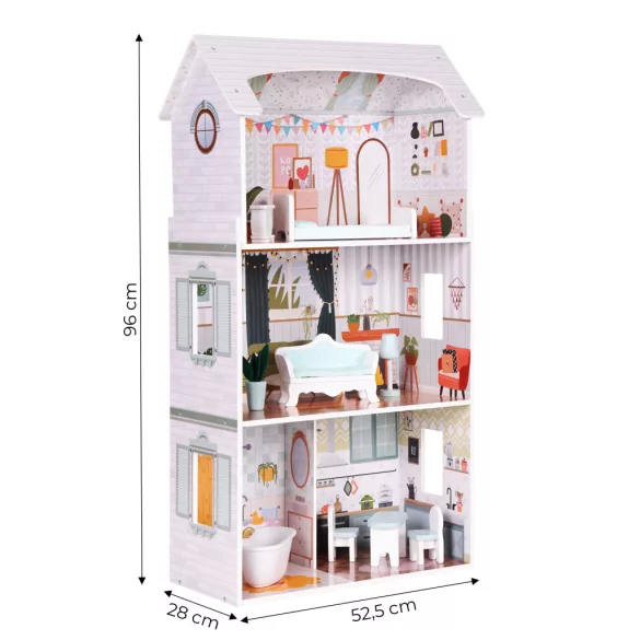 Fa babaház, ECOTOYS D8211, Alice, 52,5 x 28 x 96 cm, 3 szint, 4 szoba, 9 db bútor, gyerekbiztos kivitel, 3 éves kortól