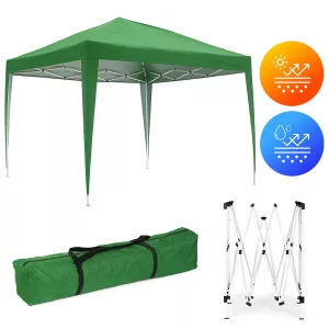 Kerti pavilon, MultiGarden PAW-3X3-A-GR, zöld, 3 x 3 m, fém vázzal, UV-álló és esőálló 210D PE ponyva, 2,5 m magassággal, hordtáskával