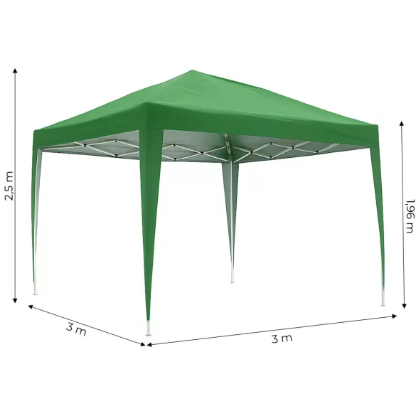 Kerti pavilon, MultiGarden PAW-3X3-A-GR, zöld, 3 x 3 m, fém vázzal, UV-álló és esőálló 210D PE ponyva, 2,5 m magassággal, hordtáskával
