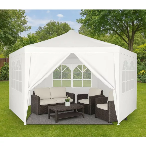 Kerti pavilon, MultiGarden PAW-2X2X2-W-W, fehér, 2 x 2 m, 6 oldalfallal (1 cipzáras, 5 ablakos), fém vázzal, vízálló PE ponyva, 2 m magassággal