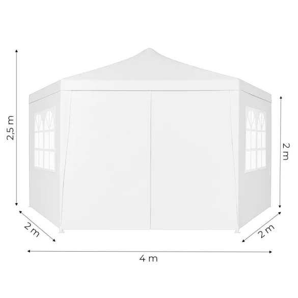 Kerti pavilon, MultiGarden PAW-2X2X2-W-W, fehér, 2 x 2 m, 6 oldalfallal (1 cipzáras, 5 ablakos), fém vázzal, vízálló PE ponyva, 2 m magassággal