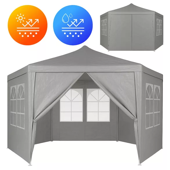 Kerti pavilon, MultiGarden PAW-2X2X2-W-GY, szürke, 2 x 2 m, 6 oldalfallal (1 cipzáras, 5 ablakos), fém vázzal, vízálló PE ponyva, 2 m magassággal