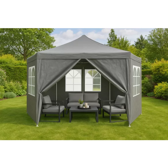 Kerti pavilon, MultiGarden PAW-2X2X2-W-GY, szürke, 2 x 2 m, 6 oldalfallal (1 cipzáras, 5 ablakos), fém vázzal, vízálló PE ponyva, 2 m magassággal