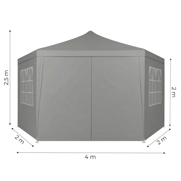 Kerti pavilon, MultiGarden PAW-2X2X2-W-GY, szürke, 2 x 2 m, 6 oldalfallal (1 cipzáras, 5 ablakos), fém vázzal, vízálló PE ponyva, 2 m magassággal