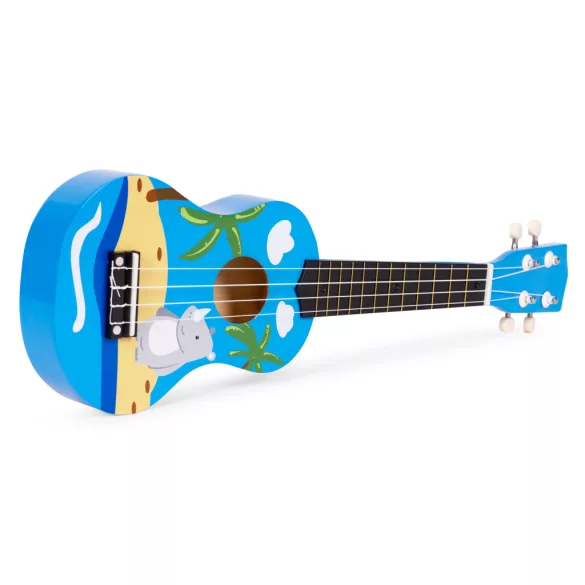 Gyerek ukulele, ECOTOYS MF019H, kék, 17,5 x 6 x 53 cm, fa, hangolható, 4 nejlon húrral, pengetővel, 12 bunddal, 3 éves kortól ajánlott
