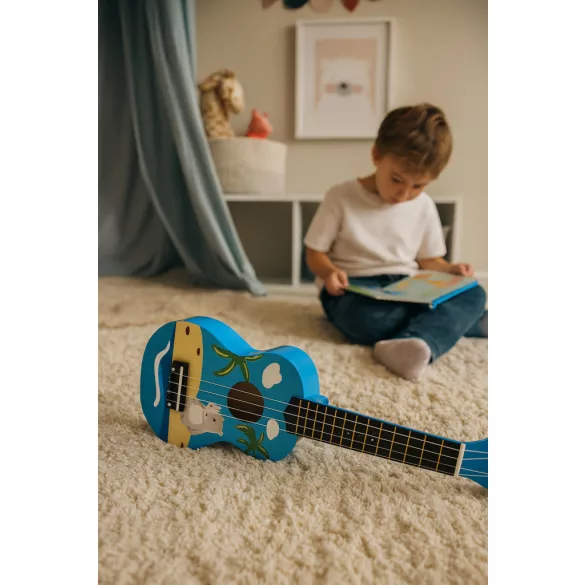Gyerek ukulele, ECOTOYS MF019H, kék, 17,5 x 6 x 53 cm, fa, hangolható, 4 nejlon húrral, pengetővel, 12 bunddal, 3 éves kortól ajánlott