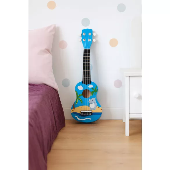 Gyerek ukulele, ECOTOYS MF019H, kék, 17,5 x 6 x 53 cm, fa, hangolható, 4 nejlon húrral, pengetővel, 12 bunddal, 3 éves kortól ajánlott