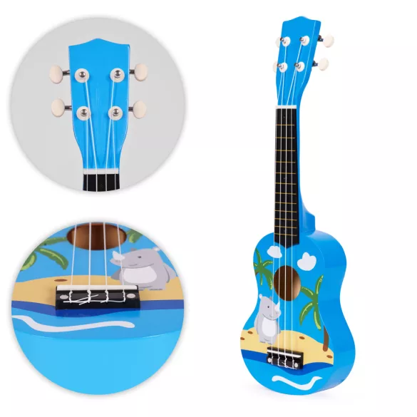 Gyerek ukulele, ECOTOYS MF019H, kék, 17,5 x 6 x 53 cm, fa, hangolható, 4 nejlon húrral, pengetővel, 12 bunddal, 3 éves kortól ajánlott