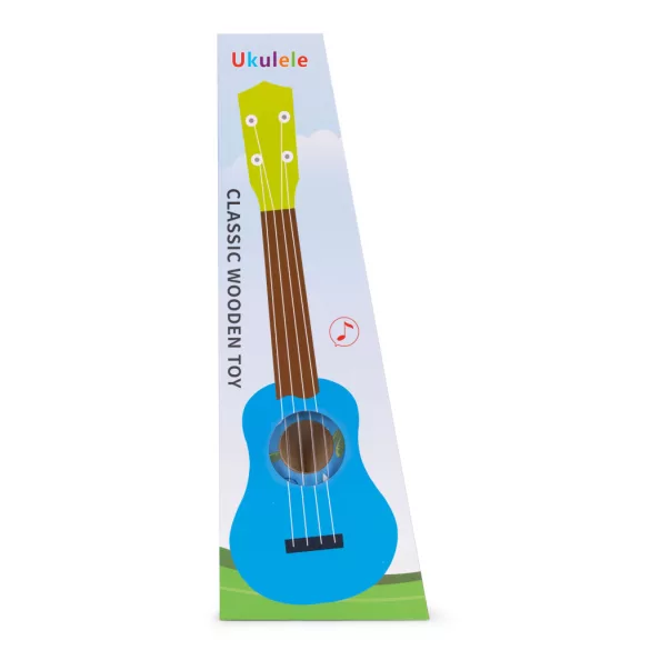 Gyerek ukulele, ECOTOYS MF019H, kék, 17,5 x 6 x 53 cm, fa, hangolható, 4 nejlon húrral, pengetővel, 12 bunddal, 3 éves kortól ajánlott