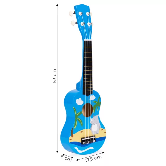 Gyerek ukulele, ECOTOYS MF019H, kék, 17,5 x 6 x 53 cm, fa, hangolható, 4 nejlon húrral, pengetővel, 12 bunddal, 3 éves kortól ajánlott