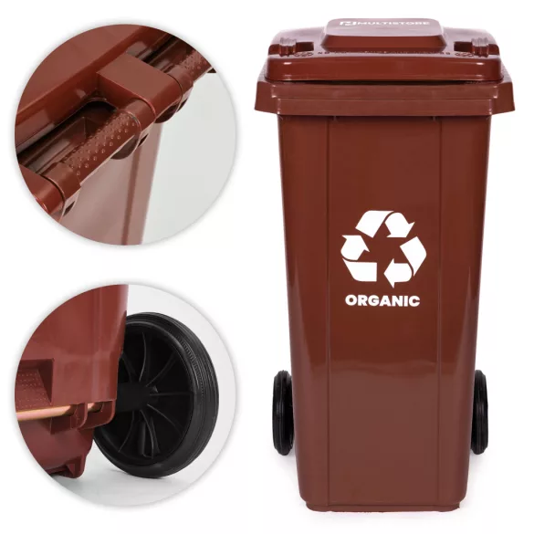 Trash Bin Container 120L Brown, BIO with Rubber Wheels