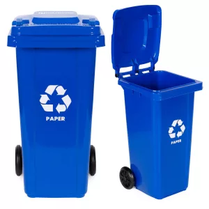 Trash Bin Container 120L Blue, Paper with Rubber Wheels
