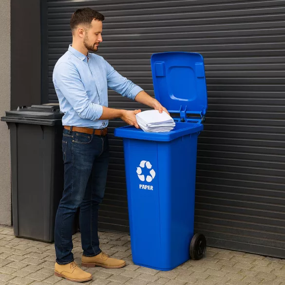 Trash Bin Container 120L Blue, Paper with Rubber Wheels