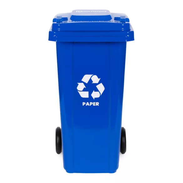 Trash Bin Container 120L Blue, Paper with Rubber Wheels