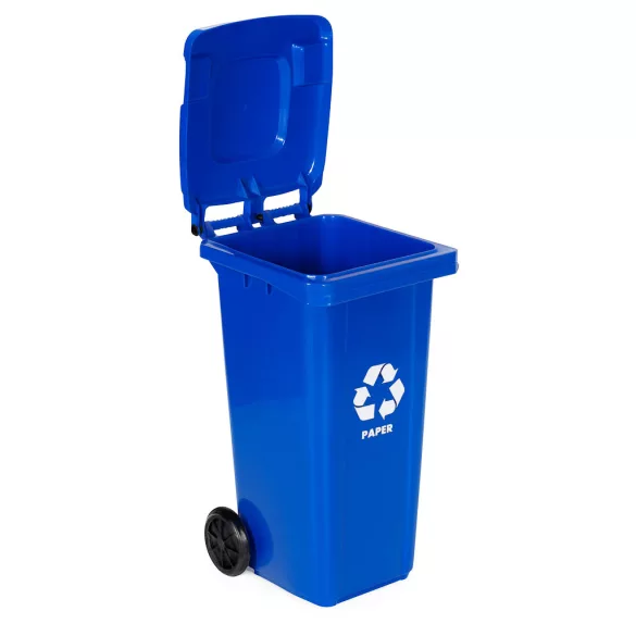 Trash Bin Container 120L Blue, Paper with Rubber Wheels