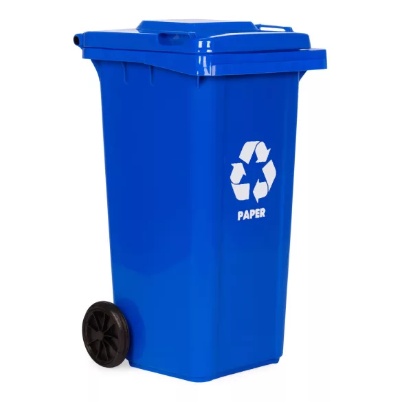 Trash Bin Container 120L Blue, Paper with Rubber Wheels