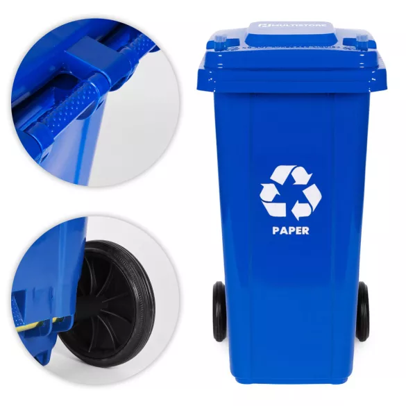 Trash Bin Container 120L Blue, Paper with Rubber Wheels