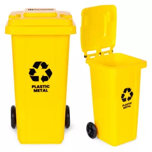 Trash Bin Container 120L Yellow, Plastic with Rubber Wheels
