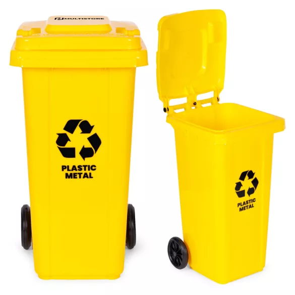 Trash Bin Container 120L Yellow, Plastic with Rubber Wheels