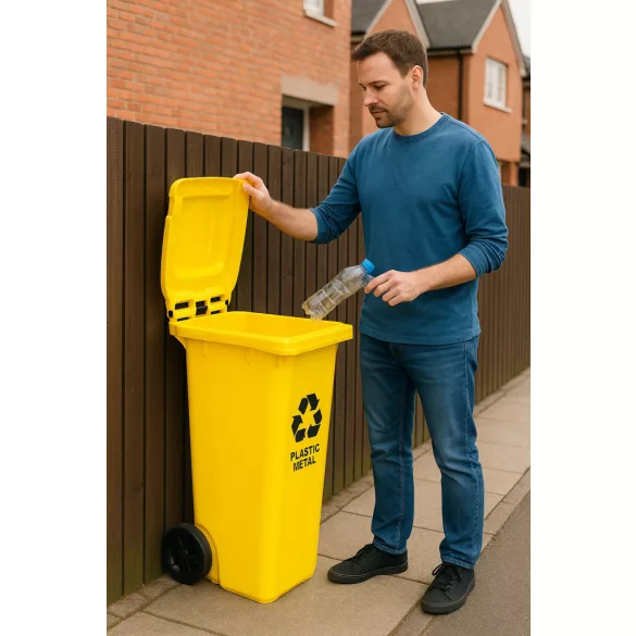 Trash Bin Container 120L Yellow, Plastic with Rubber Wheels