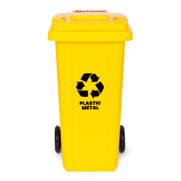 Trash Bin Container 120L Yellow, Plastic with Rubber Wheels