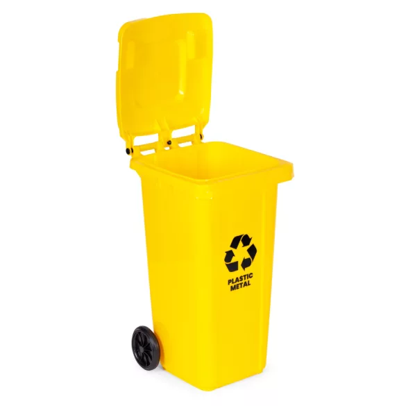 Trash Bin Container 120L Yellow, Plastic with Rubber Wheels