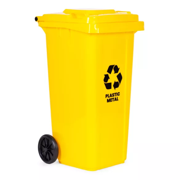Trash Bin Container 120L Yellow, Plastic with Rubber Wheels