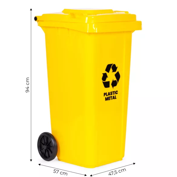 Trash Bin Container 120L Yellow, Plastic with Rubber Wheels