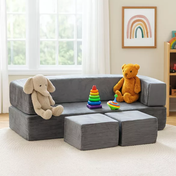 Gyerek moduláris fotel, ECOTOYS TMSRT-16-GY, szürke, 4 modul, levehető és mosható huzat, habszivacs, átalakítható, teherbírás: 80 kg