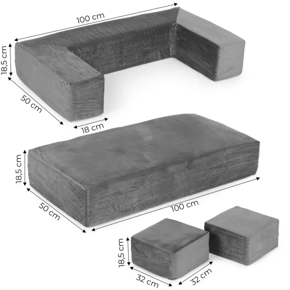 Gyerek moduláris fotel, ECOTOYS TMSRT-16-GY, szürke, 4 modul, levehető és mosható huzat, habszivacs, átalakítható, teherbírás: 80 kg