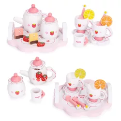   Játék teáskészlet, ECOTOYS HM260872, fa, 14 db, tálcával, csészékkel és kancsóval, epres minta, 3 éves kortól