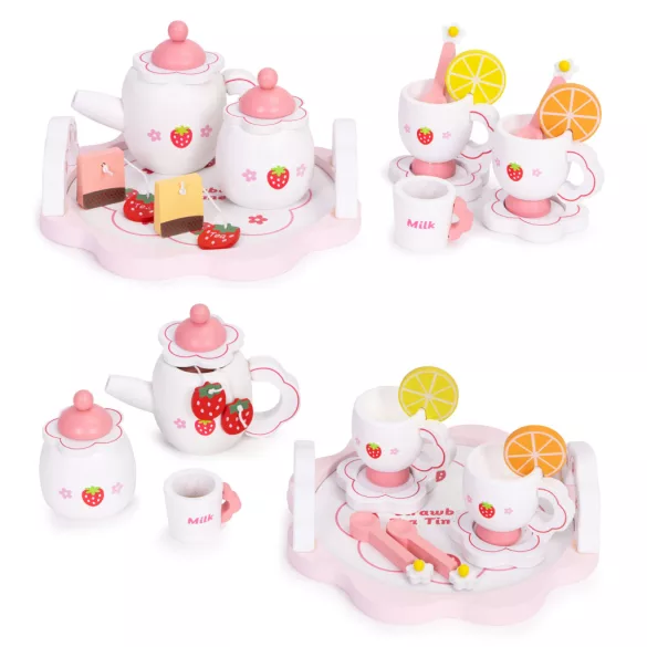 Játék teáskészlet, ECOTOYS HM260872, fa, 14 db, tálcával, csészékkel és kancsóval, epres minta, 3 éves kortól