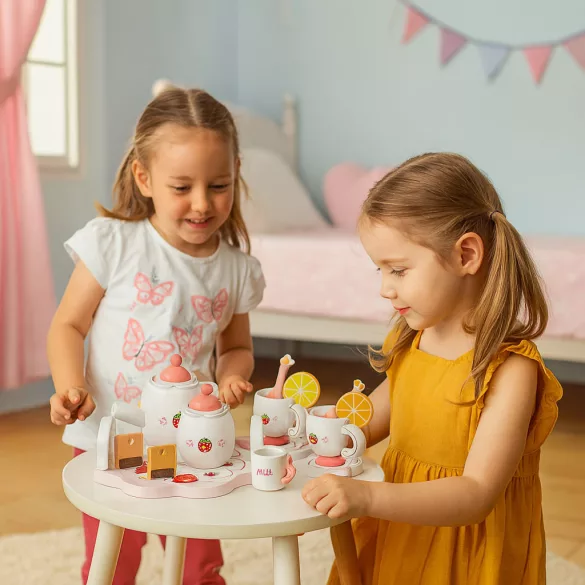 Játék teáskészlet, ECOTOYS HM260872, fa, 14 db, tálcával, csészékkel és kancsóval, epres minta, 3 éves kortól