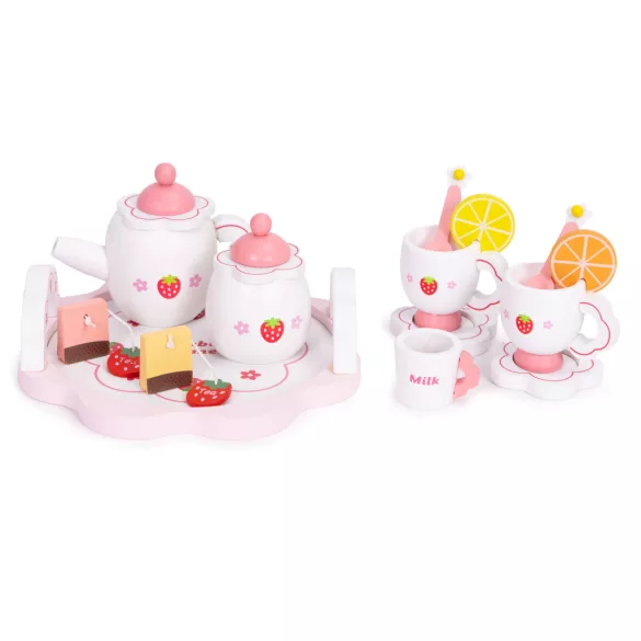 Játék teáskészlet, ECOTOYS HM260872, fa, 14 db, tálcával, csészékkel és kancsóval, epres minta, 3 éves kortól